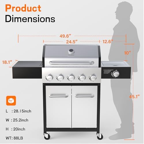 Veralune 68000 BTU 5-Burner Grill with Side Burner & Steel Grates