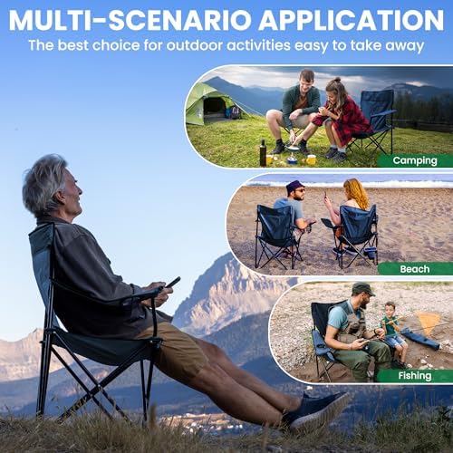 2 Pack Folding Camping Chairs for Adults, Foldable Portable Beach Chairs with Carry Bag & Cup Holder, Compact Design for Camping, Beach, Picnics, and Fishing Supports 300LBS(Dark Navy)