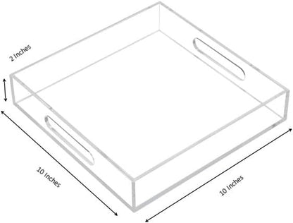 Clear Sturdy Acrylic Serving Tray with Handles - 10x10Inch - Coffee, Appetizer, Breakfast, Butler Tray - Kitchen Countertop & Vanity Table Organizer