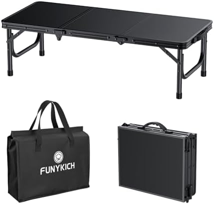 FUNYKICH 3ft Low Folding Camping Table with Carry Bag, 34.2'' Lx15.7'' W Portable Picnic Tables, Lightweight Thicker Aluminum Beach Table with Carry Handle for Beach, Camping, Picnic, Black