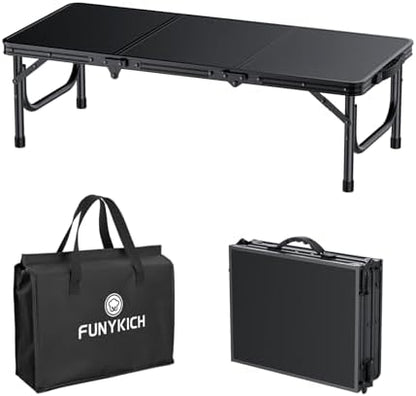 FUNYKICH 3ft Low Folding Camping Table with Carry Bag, 34.2'' Lx15.7'' W Portable Picnic Tables, Lightweight Thicker Aluminum Beach Table with Carry Handle for Beach, Camping, Picnic, Black