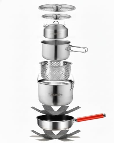 Camping Cookware Set 304 Stainless Steel Cooking Pots Pan Set with Travel Tote Bag for Camping Outdoor Kitchen Cooking Picnic for 4-6
