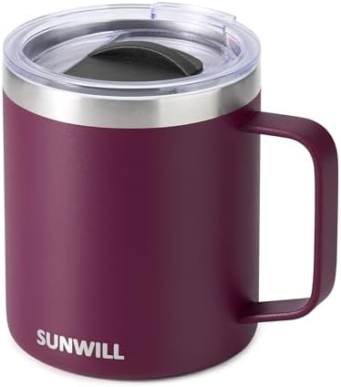 SUNWILL Travel Coffee Mug with Lid, Insulated Tumbler with Handle, 14 oz Stainless Steel Cup for Camping, Office, Home, Powder Coated Plum