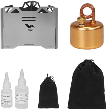 UJU Alcohol Stove Set, Portable Alcohol Burner with Windscreen, Storage Bag & 2 Empty Bottles, Wind‑Resistant Outdoor Cooking Stove for Backpacking, Hiking & Camping, Gold, Round Bottom