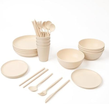 Dinnerware Sets, 16PCS Unbreakable Plates Bowls Cups Reusable for 4 People, with Storage Box and Cutlery Set, Dishwasher Microwave Safe for Camping Picnic Home Party