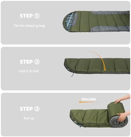 Cotton Flannel Lined Sleeping Bag for Adults Teens Kids, Cold Weather &Warm, 3 Seasons, Lightweight Compact Camping Essentials Equipment, Hiking, Outdoor, Travel
