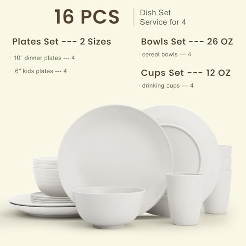 Homienly Wheat Straw Dinnerware Sets - 16 PCS Unbreakable Dinner Plates,Dessert Plates,Cereal Bowls,Drinking Cups,Dishes Sets for 4，Reusable Dishwasher & Microwave Safe for Kitchen - White