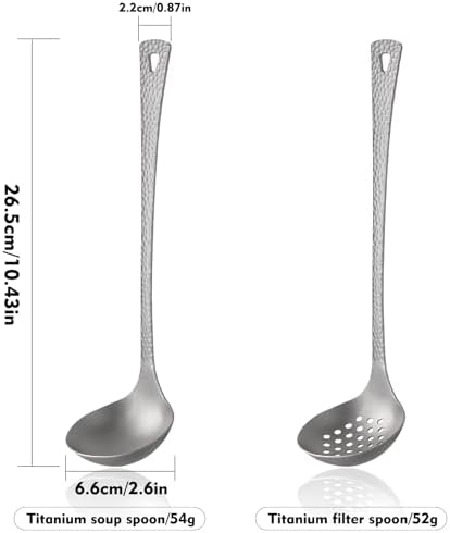 ZING TTI Titanium Ladle Set, Reusable Metal Hot Pot Ladle with Slotted Spoon, Fish Scale Texture Design for Stirring & Serving Soup, 2-Piece Kitchen Utensils (10.4 Inch)