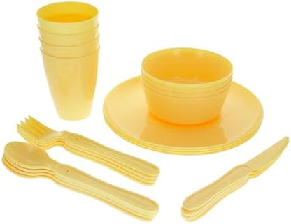 SE 25-Piece Outdoor Dining Set for 4 Persons – BPA-Free Camping Dinnerware Set with Plates, Bowls, Cups, Utensils & Storage Case, Yellow Picnic Tableware Kit - OD-U04-P