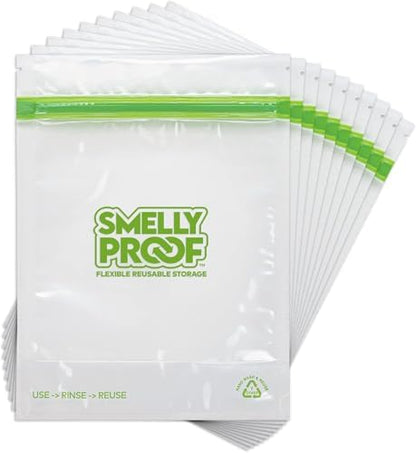 Smelly Proof 10 x Expandable Stand & Fill REUSABLE Storage Bags for Food Designed & Mfg in US, BPA FREE, NO PEVA, Reusable Sandwich Bags, Dishwasher-Safe, Clear 3 mils STAND UP 6.5" x 7.5" - 10pk