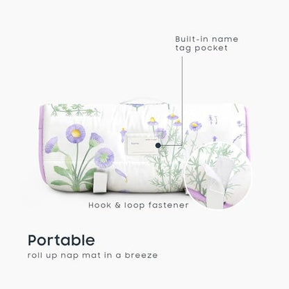 Wake In Cloud - Toddler Nap Mat with Pillow and Blanket, 100% Cotton Fabric, for Kids Girls Ages 3 Plus in Daycare Kindergarten Preschool, Sleeping Bag, Botanical Flowers