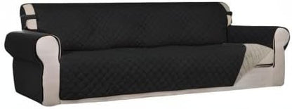 PureFit Reversible Quilted Sofa Cover, Water Resistant Slipcover Furniture Protector, Washable Couch Cover with Non Slip and Elastic Straps for Kids, Dogs, Pets (XX Large, Black/Beige)