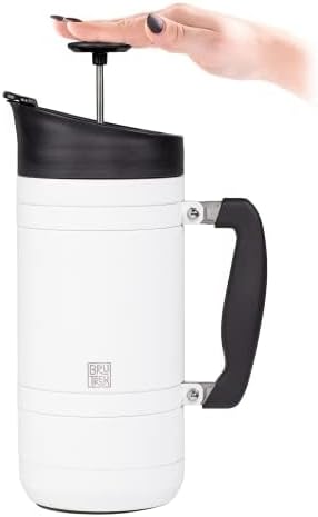 Basecamp Coffee Press - Double Wall Vacuum Insulated Stainless Steel - Bru-Stop Technology, No Grounds in Coffee, No Spill Lid (Snowflake White, 48 fl.oz)
