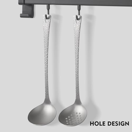 ZING TTI Titanium Ladle Set, Reusable Metal Hot Pot Ladle with Slotted Spoon, Fish Scale Texture Design for Stirring & Serving Soup, 2-Piece Kitchen Utensils (10.4 Inch)