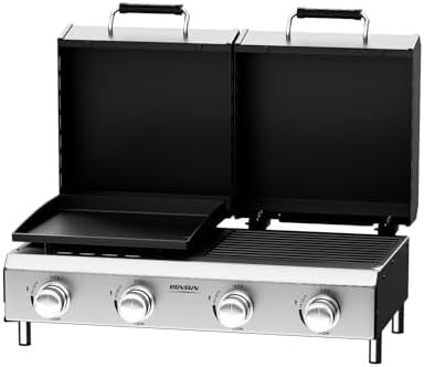 Bonnlo 4 Burners Gas Flat Top Grill and Griddle Combo with Lid, Powerful 40,000 BTU Grills with Integrated Ignition & Heat-resistant coating, Camping Grill with Simple Control Knob for Outdoor BBQ Use