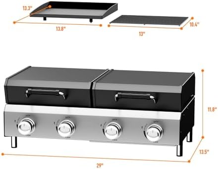 Bonnlo 4 Burners Gas Flat Top Grill and Griddle Combo with Lid, Powerful 40,000 BTU Grills with Integrated Ignition & Heat-resistant coating, Camping Grill with Simple Control Knob for Outdoor BBQ Use