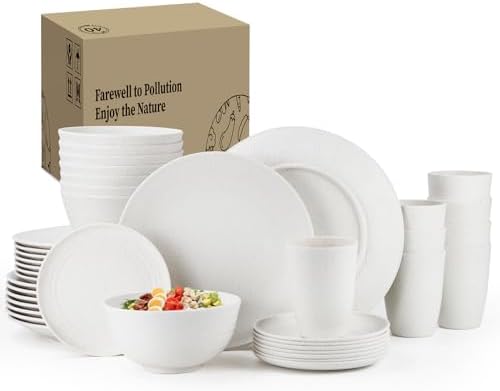 Homienly Wheat Straw Dinnerware Set,40-Piece Dish Set for 8, Dinner Plates, Dessert Plate, Cereal Bowls, Cups, Appetizer Plates,Reusable Dinner Plates Kids Plates and Bowls Sets, White