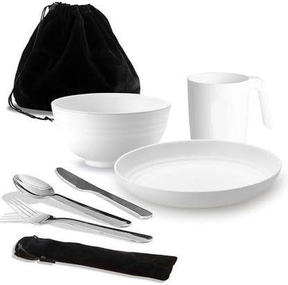 Camping Utensils, Reanea Camping Mess Kit for Travel, Camping, Picnic, Outdoor, Camping Gear Include Knife, Spoon, Fork Cutlery Set, Cup, Bowl, Plate, Camping Essentials for 1