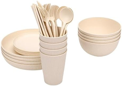 Generic Dinnerware Sets, Unbreakable Reusable Plates Bowls and Cups for 4 People, Lightweight PP Dinner Set with Storage Box, Dishwasher Microwave Safe, Ideal for Camping,