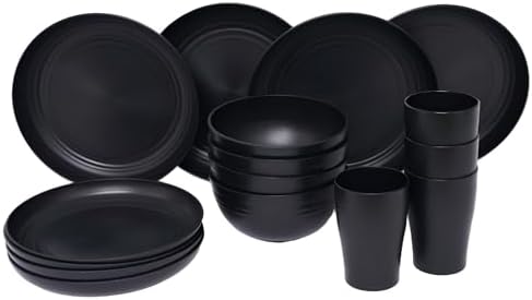 Wheat Straw Dinnerware Set for 4, 16PCS Unbreakable Plates Bowls Cups, Microwave & Dishwasher Safe Plastic Dishes, Lightweight Reusable Dinnerware for Kitchen, Camping, RV & Dorm (Black)