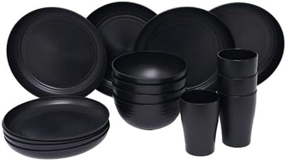 Wheat Straw Dinnerware Set for 4, 16PCS Unbreakable Plates Bowls Cups, Microwave & Dishwasher Safe Plastic Dishes, Lightweight Reusable Dinnerware for Kitchen, Camping, RV & Dorm (Black)