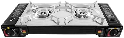 2 Burners Camping Stove, 2500W Butane or Gas Portable Camping Burner with Baking Pan & Carrying Case for Outdoor Cooking