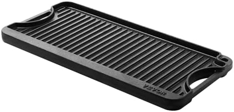 VEVOR Reversible Grill/Griddle, 20x10 inch Pre-Seasoned Cast Iron Griddle, Portable Rectangular Pan with Handle, Family Cookware for Indoor/Outdoor Stove Top Burner, Gas, Camping BBQ, Black