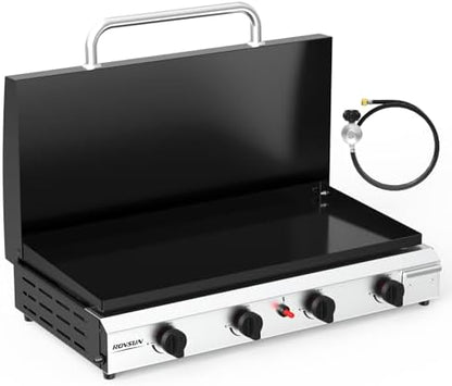 ROVSUN 4 Burner Portable Propane Griddle with Ignition & Regulator, 40,000 BTU Tabletop Flat Top Gas Grill with Enameled Tray & Lid for Outdoor Cooking Camping BBQ Tailgating Electronic