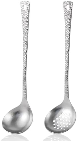 ZING TTI Titanium Ladle Set, Reusable Metal Hot Pot Ladle with Slotted Spoon, Fish Scale Texture Design for Stirring & Serving Soup, 2-Piece Kitchen Utensils (10.4 Inch) (Titanium crystal model)