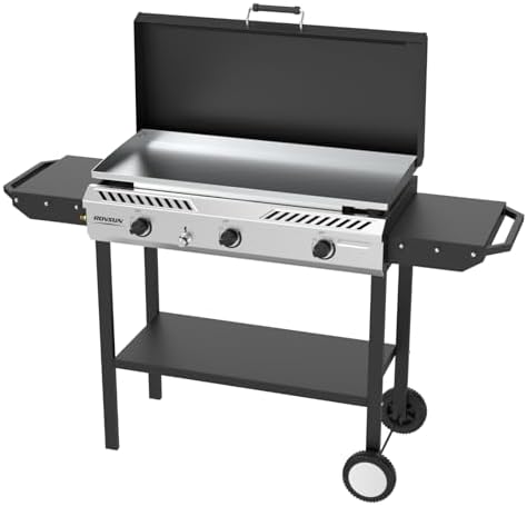 Bonnlo 2-in-1 Propane Stove and Griddle, 3 Burner Outdoor Gas Cooker with Iginition, Storage Shelf and Portable Wheels, 225000BTU Output Camping Stove for Backyard Cooking BBQ Frying and Boiling