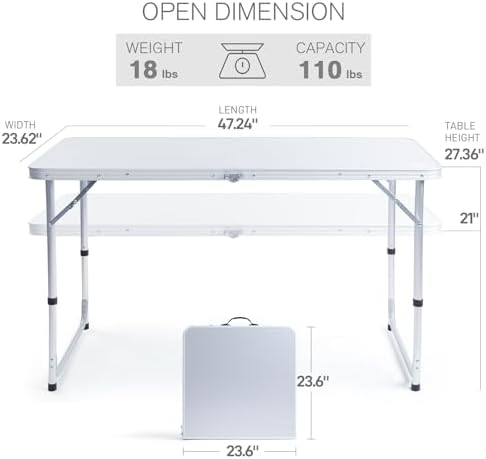 EVER ADVANCED Folding Camping Table with Storage, 4 ft * 2 ft Aluminum Composite Desktop & Adjustable Legs, Outdoor Kitchen Table for Tailgating, Backyard, BBQ and Picnic