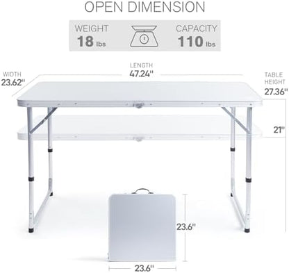 EVER ADVANCED Folding Camping Table with Storage, 4 ft * 2 ft Aluminum Composite Desktop & Adjustable Legs, Outdoor Kitchen Table for Tailgating, Backyard, BBQ and Picnic