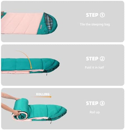 Cotton Flannel Lined Sleeping Bag for Adults Teens Kids, Cold Weather & Warm, 3 Seasons, Lightweight Compact Camping Essentials Equipment, Hiking, Outdoor, Travel