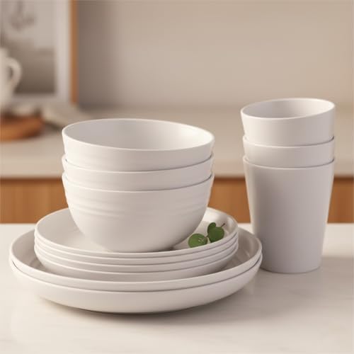 Wheat Straw Dinnerware Set for 4, 16PCS Unbreakable Plates Bowls Cups, Microwave & Dishwasher Safe Plastic Dishes, Lightweight Reusable Dinnerware for Kitchen, Camping, RV & Dorm (White)
