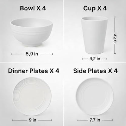 Wheat Straw Dinnerware Set for 4, 16PCS Unbreakable Plates Bowls Cups, Microwave & Dishwasher Safe Plastic Dishes, Lightweight Reusable Dinnerware for Kitchen, Camping, RV & Dorm (White)