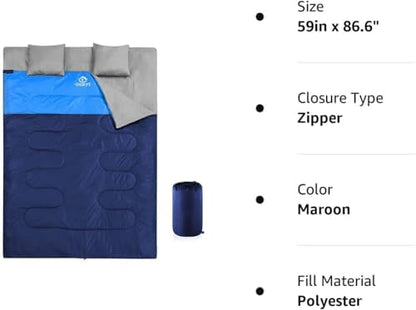 oaskys Double Sleeping Bag for Adults with 2 Pillows - Queen Size XL Waterproof Sleeping Bag for All Season Camping Hiking Backpacking 2 Person Sleeping Bags for Cold Weather & Warm