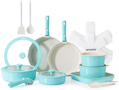 SENSARTE 24 Piece Ceramic Detachable Handle Pots and Pans Set Turquoise