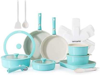 SENSARTE 24 Piece Ceramic Detachable Handle Pots and Pans Set Turquoise