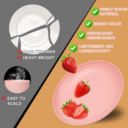 Rubtlamp 16Pcs Plastic Wheat Straw Dinnerware Set, Reusable Plastic Plate Set for 4, Kitchen Plates And Bowls Set (Pink) Include Dinner Platos, Dessert Platos, Cereal Bowls, Cups for Daily, Camping