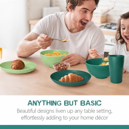 Teivio 32-Piece Kitchen Plastic Wheat Straw Dinnerware Set, Service for 8, Dinner Plates, Dessert Plate, Cereal Bowls, Cups, Unbreakable Colorful Plastic Outdoor Camping Dishes, Green Ombre