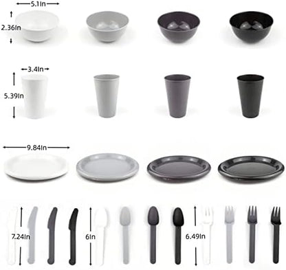 24Piece Plastic Plates and Bowls Sets Dinnerware Set Dishes Set for 4,College Dorm Room Essentials,Camping Plates and Bowls with Tumbler,Knives,Forks and Spoons,Mess Kit,Microwave Safe,BPA Free