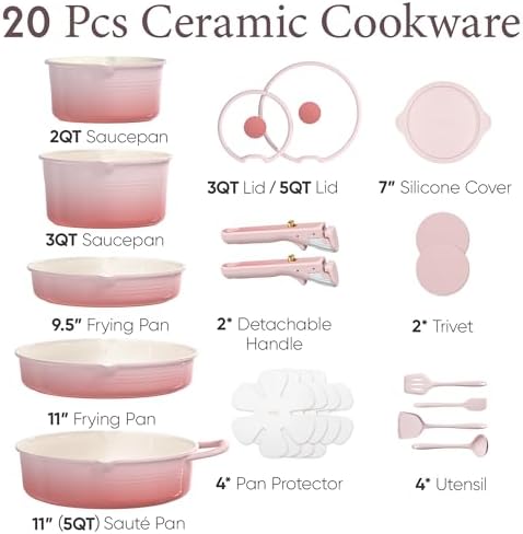 CAROTE 20pcs Titanium Cookware Set, Pots and Pans Set Detachable Handle