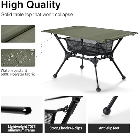 ONETIGRIS Dipper Camping Table, Lightweight Portable Folding Table with Mesh Storage Net, High/Low Options, Ideal for Camping, Hiking, Tailgating, Beach, Picnic, Travel, Backyard