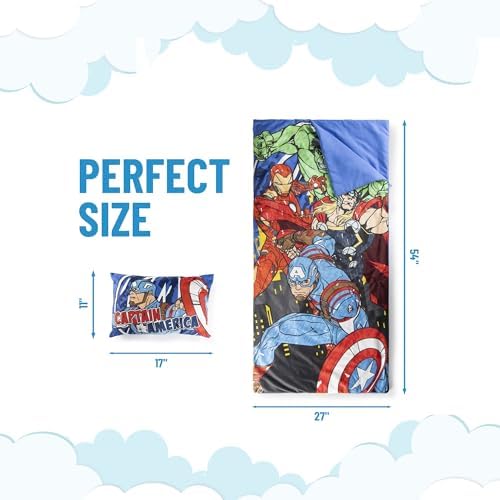 Jay Franco Kids Slumber Bag and Pillow - 54 x 27 Inch Comfy Indoor Sleeping Bag for School and Sleepovers, 2 Piece Set, Blue - Avengers