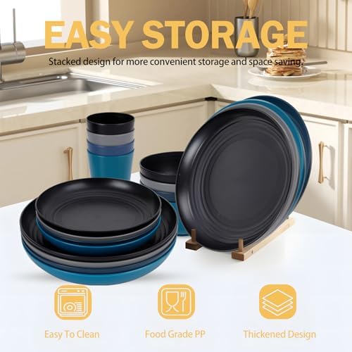 Rubtlamp 16Pcs Plastic Wheat Straw Dinnerware Set, Reusable Plastic Dishes Set for 4, Kitchen Plates And Bowls Set (Deep Four Colors) Include Dinner Plates, Dessert Plates, Cereal Bowls, Cups