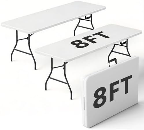 2 Pack 8FT Folding Table, Foldable Picnic Table with Carrying Handle, Heavy Duty Fold-in-Half Portable Table for Weddings, Camping, RV Travel, Parties, and Indoor Use, Easy to Fold and Store, White