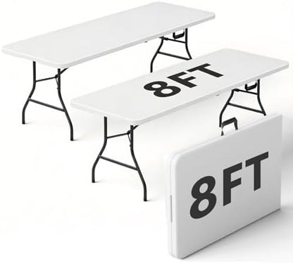 2 Pack 8FT Folding Table, Foldable Picnic Table with Carrying Handle, Heavy Duty Fold-in-Half Portable Table for Weddings, Camping, RV Travel, Parties, and Indoor Use, Easy to Fold and Store, White