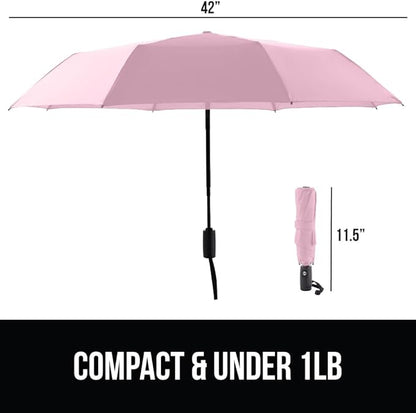 GORILLA GRIP Strong Stick Umbrella for Rain, Compact Travel One-Click Automatic Open Close, Lightweight, Portable, US Designed Reinforced Fiberglass Ribs, Wind Resistant, Easy Collapse, Pink