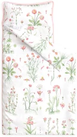 Wake In Cloud - Toddler Nap Mat with Pillow and Blanket, 100% Cotton Fabric, for Kids Girls Ages 3 Plus in Daycare Kindergarten Preschool, Sleeping Bag, Botanical Flowers