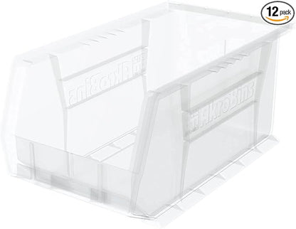 Akro-Mils 30240 AkroBins Plastic Storage Bins, Space-Saving Stackable Bins for Garage, Pantry, Craft Organization, 15-Inch x 8-Inch x 7-Inch, Clear, 12-Pack